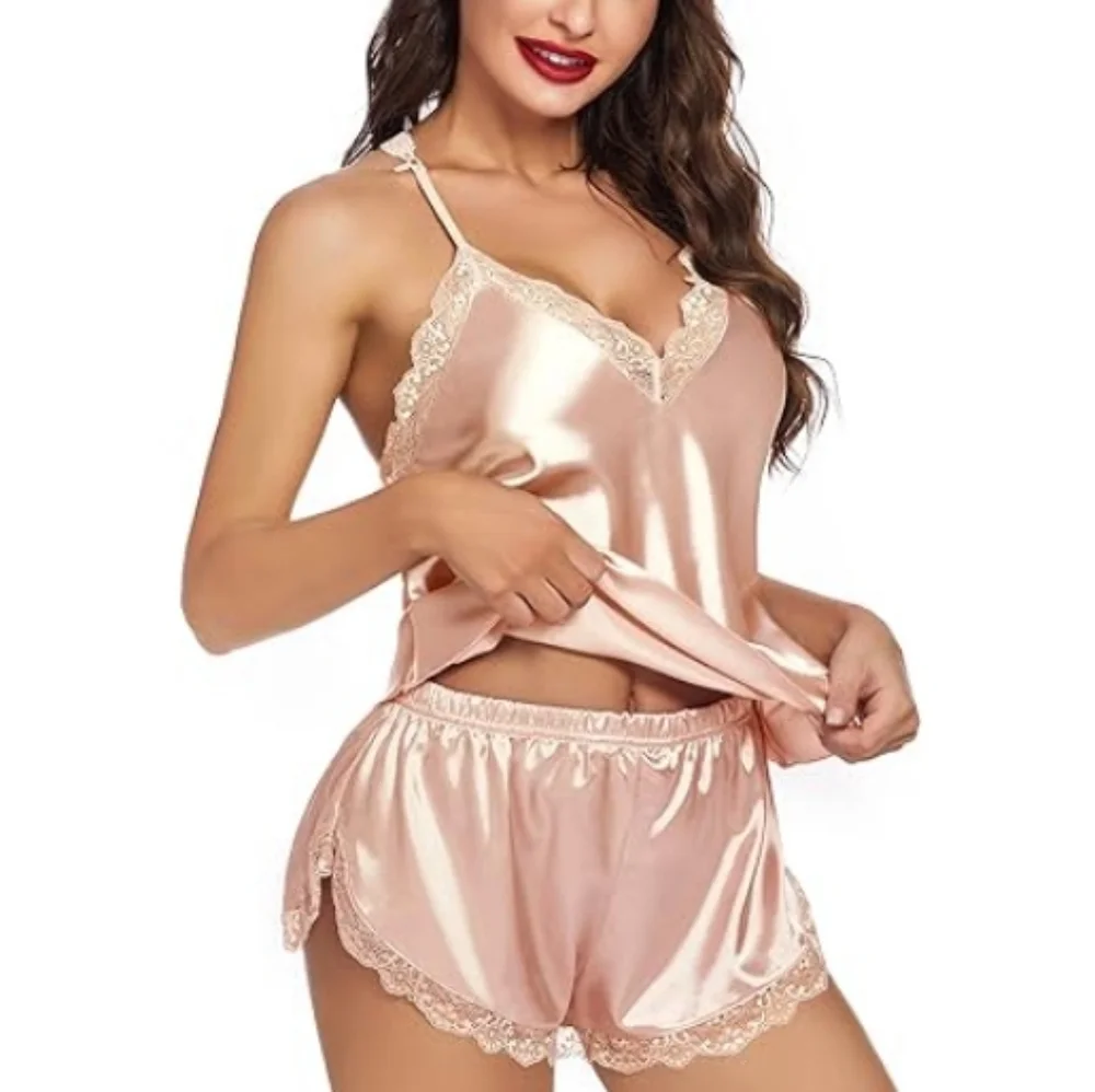Nightwear Satin Pajamas Set Sleepwear Womens Sexy Lingerie Champagne - Picture 4 of 9